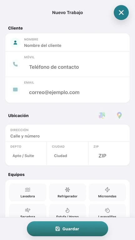 Creación de trabajo con datos del cliente y electrodoméstico — HomiApp job creation