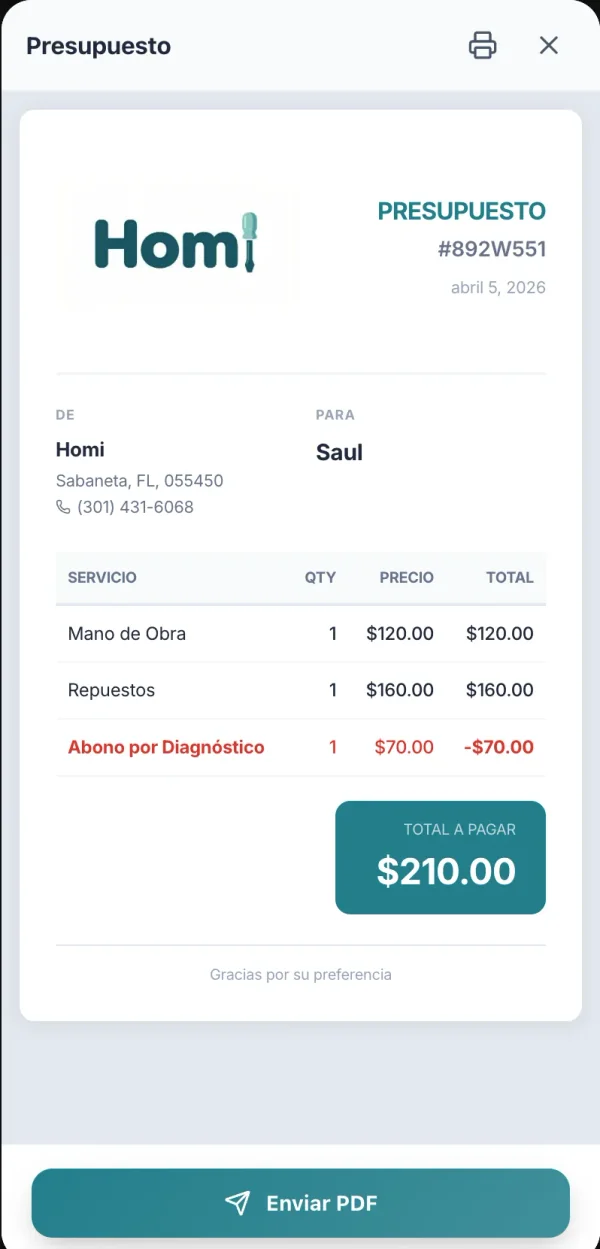 Presupuesto profesional con logo de empresa — appliance repair quote