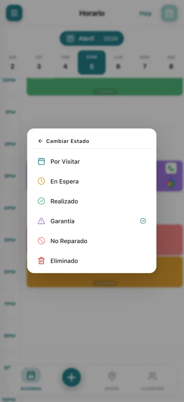 Cambiar estado de trabajo con un tap — gestión de reparaciones