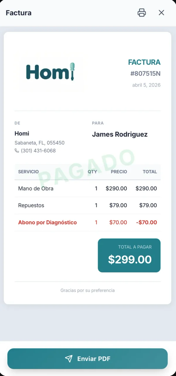 Factura profesional generada con HomiApp — appliance repair invoicing