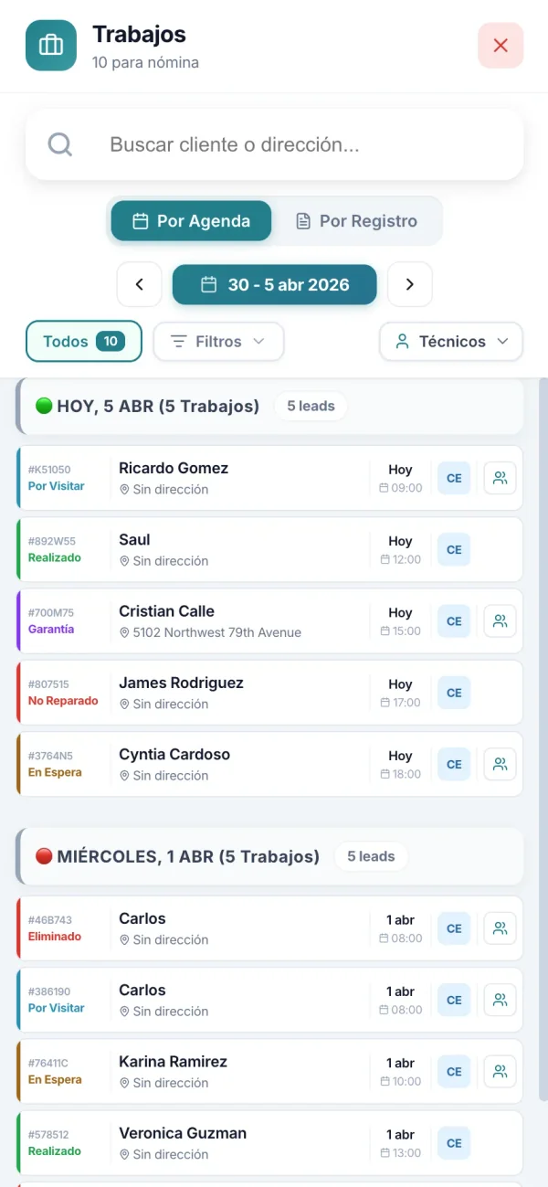 Registro completo de trabajos de reparación de electrodomésticos